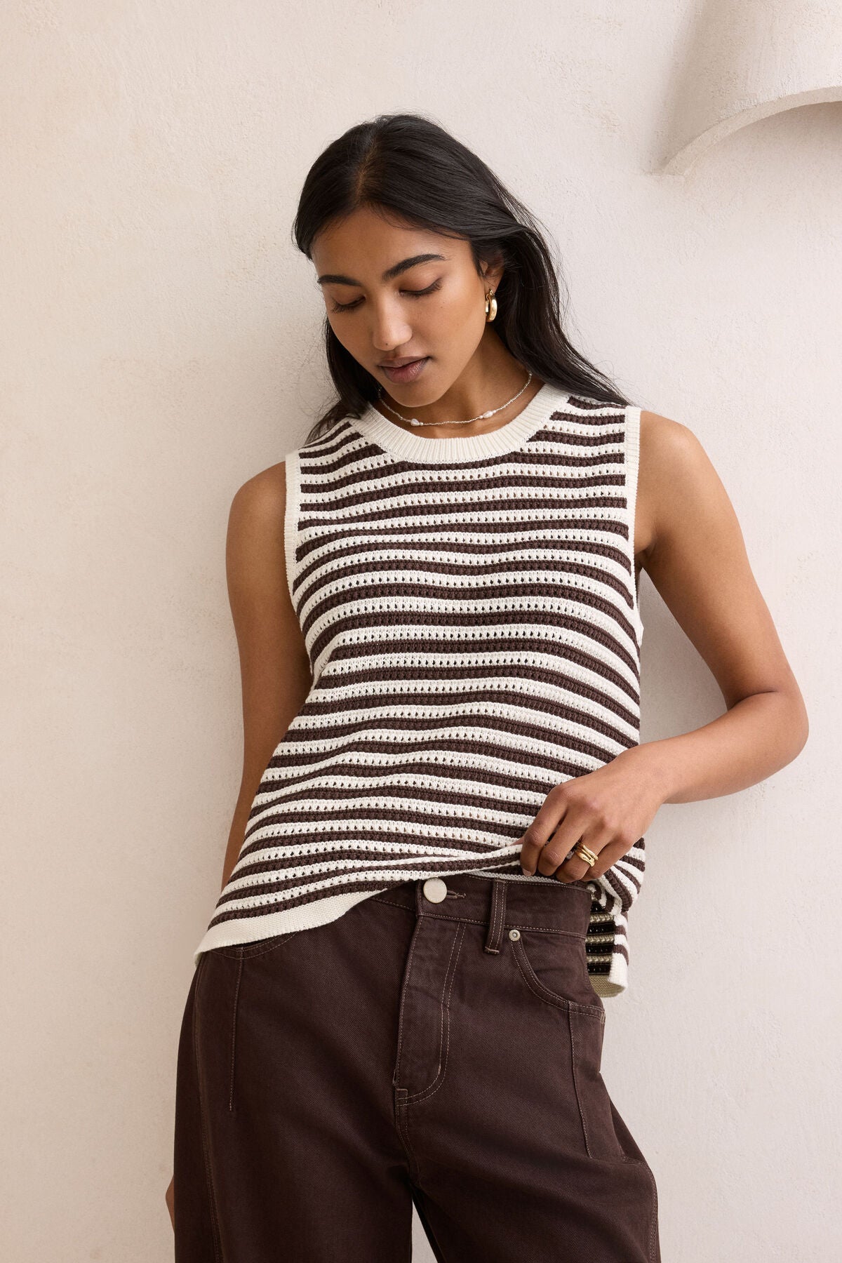 Maddy Mesh Knit Tank - Brunette Stripe