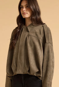Faux Suede Bomber Jacket – Khaki