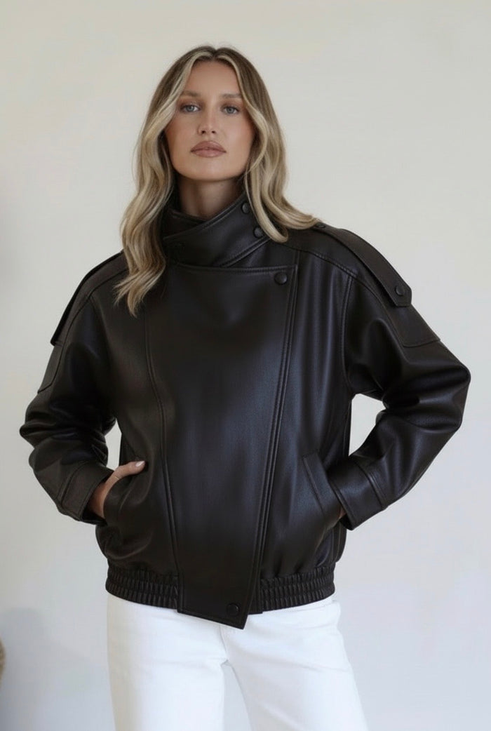 Funnel Neck Leather Jacket – Chocolate