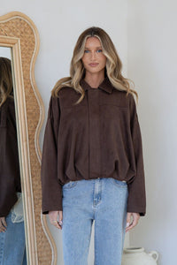Suede Zip Gather Hem Bomber Jacket - Chocolate