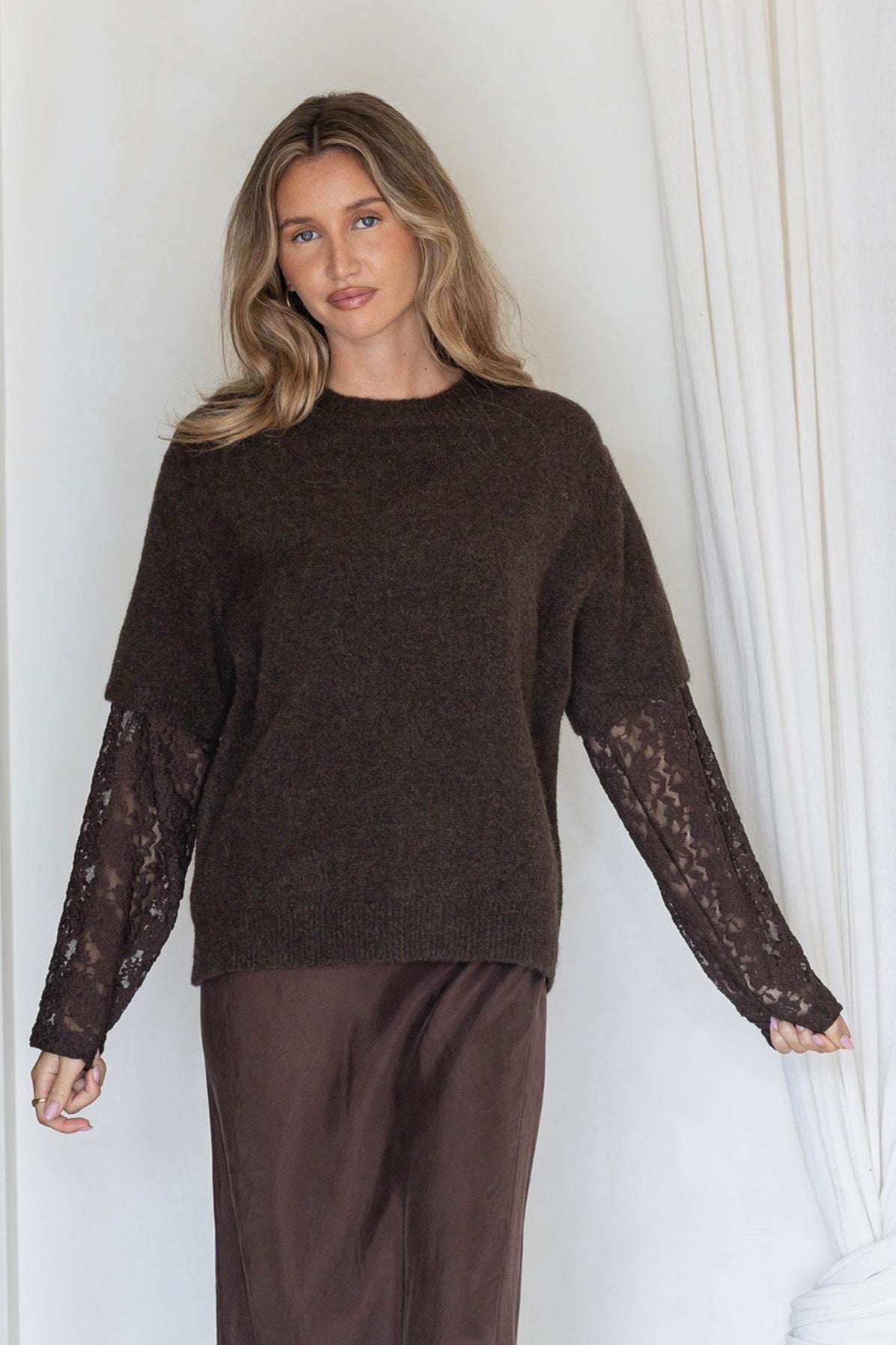 Lace Sleeve Overlay Knit - Chocolate
