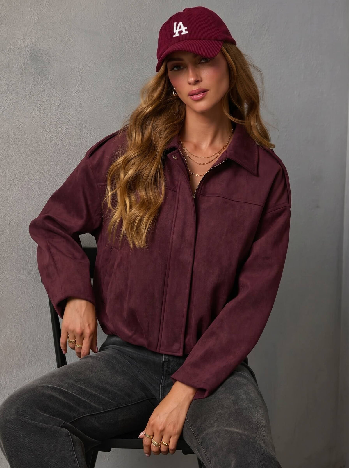 Suede Zip Gather Hem Bomber Jacket - Wine