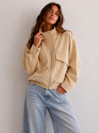 Faux Suede Bomber Jacket - Beige. By Frankie