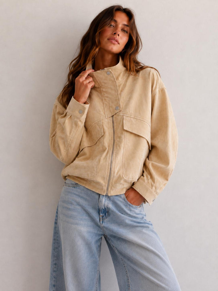 Faux Suede Bomber Jacket - Beige. By Frankie
