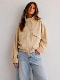 Faux Suede Bomber Jacket - Beige. By Frankie