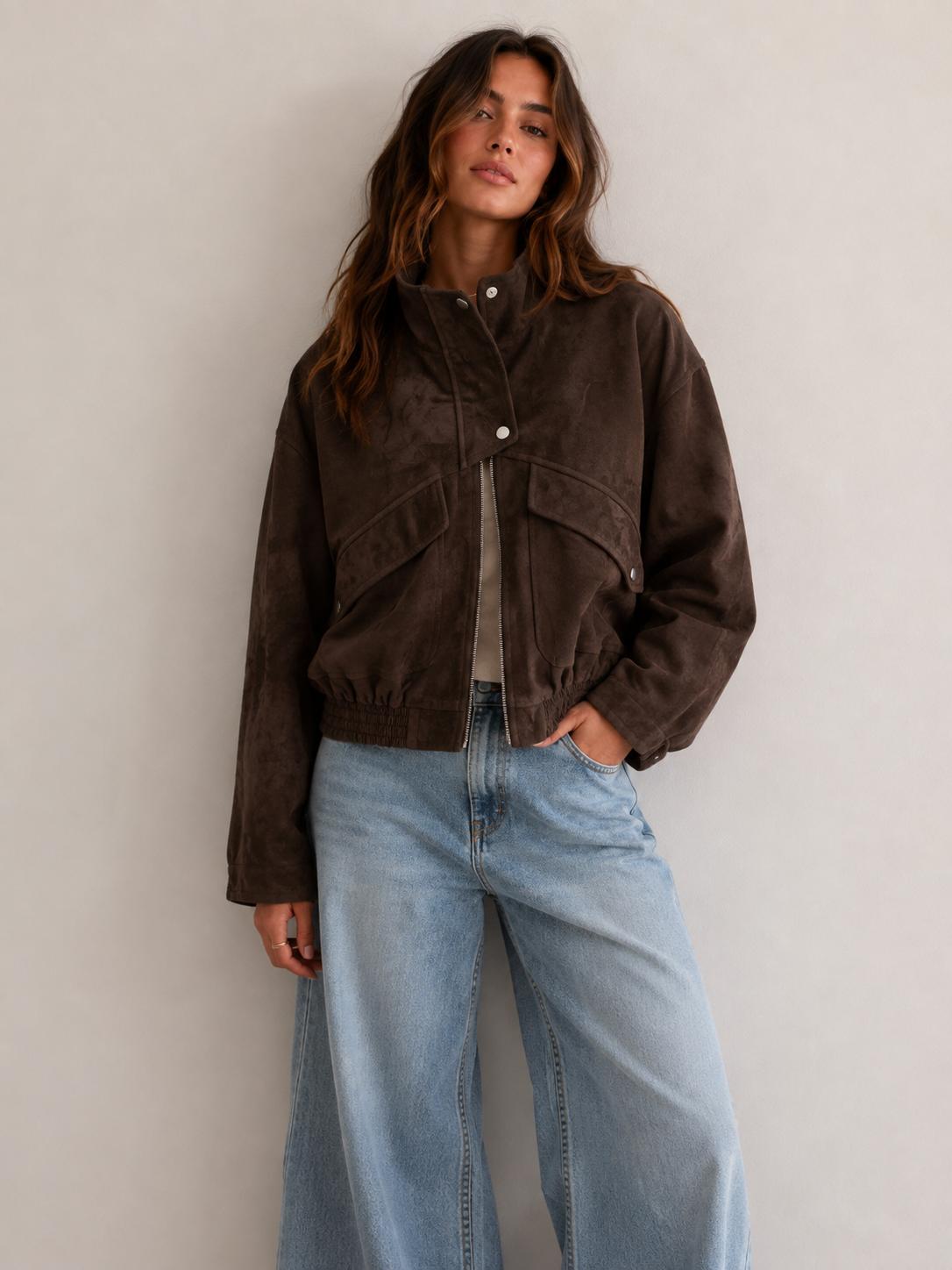 Faux Suede Bomber Jacket - Choc. By Frankie