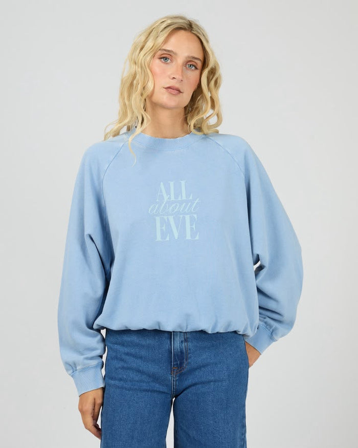 Flynn Washed Box Raglan Crew - Blue. All About Eve