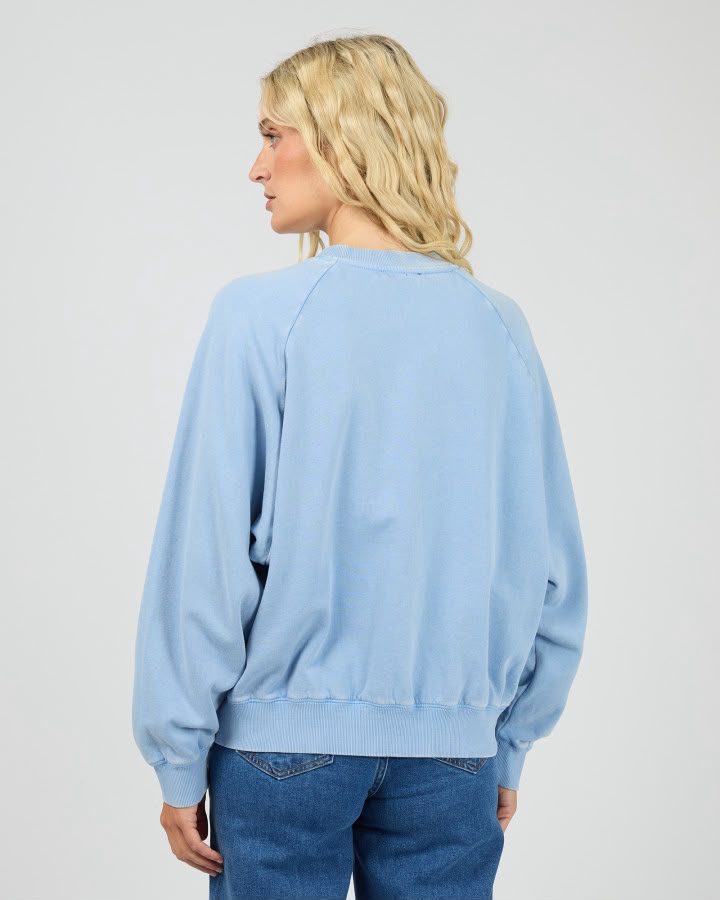 Flynn Washed Box Raglan Crew - Blue. All About Eve