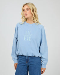 Flynn Washed Box Raglan Crew - Blue. All About Eve