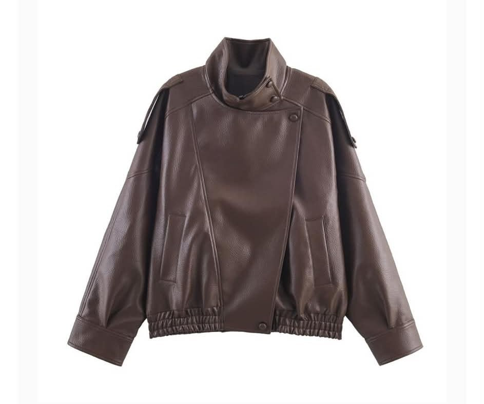 Funnel Neck Leather Jacket – Chocolate