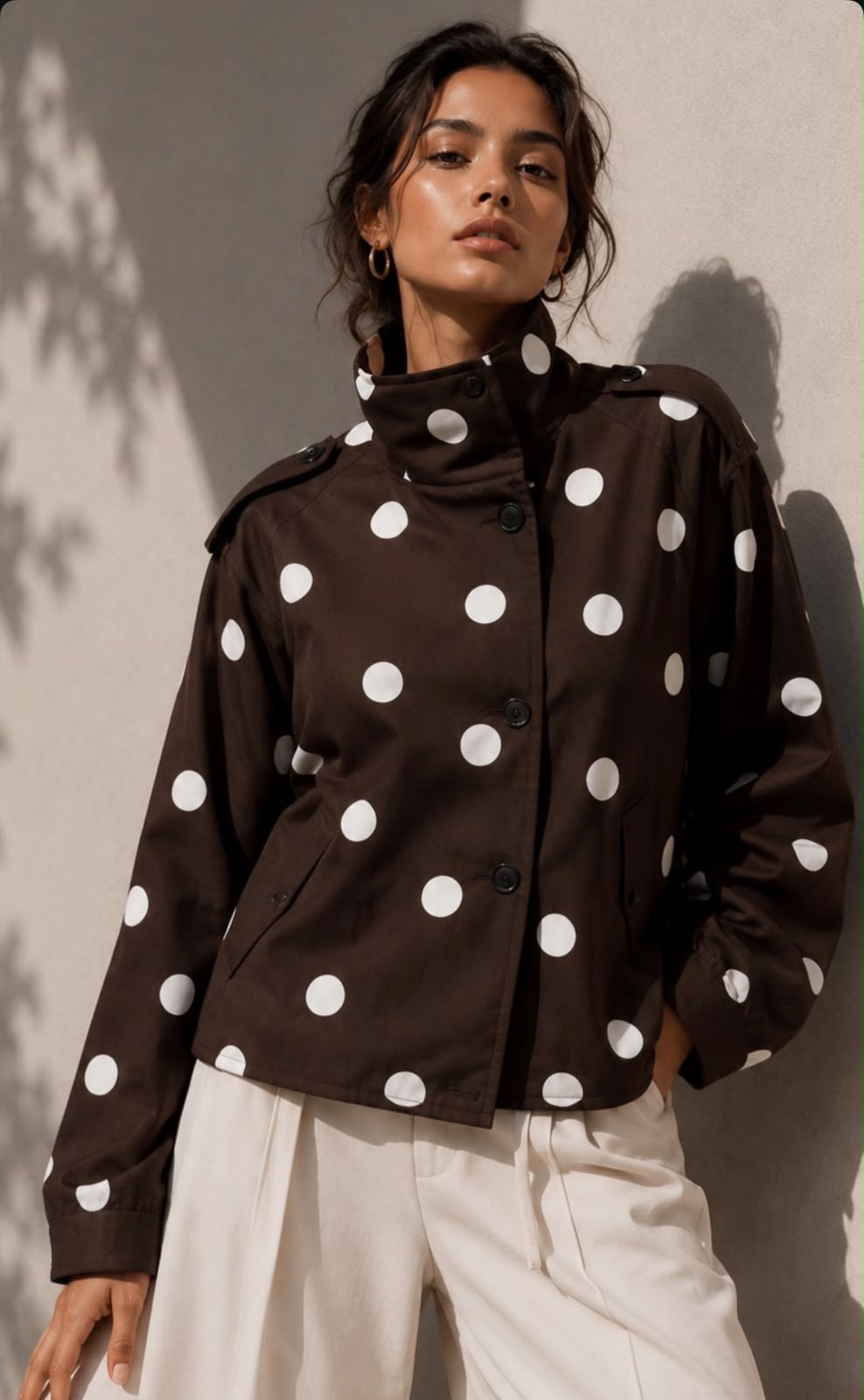 Funnel Neck Polka Dot Jacket – Brown/White. Sare Store