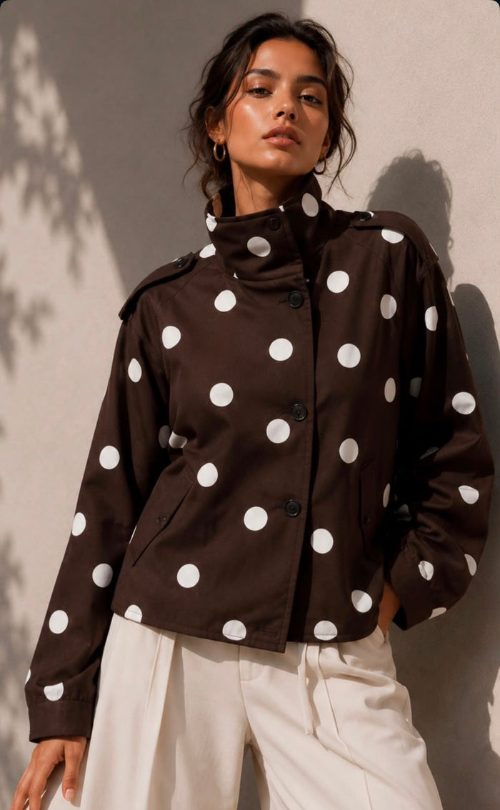 Funnel Neck Polka Dot Jacket – Brown/White. Sare Store
