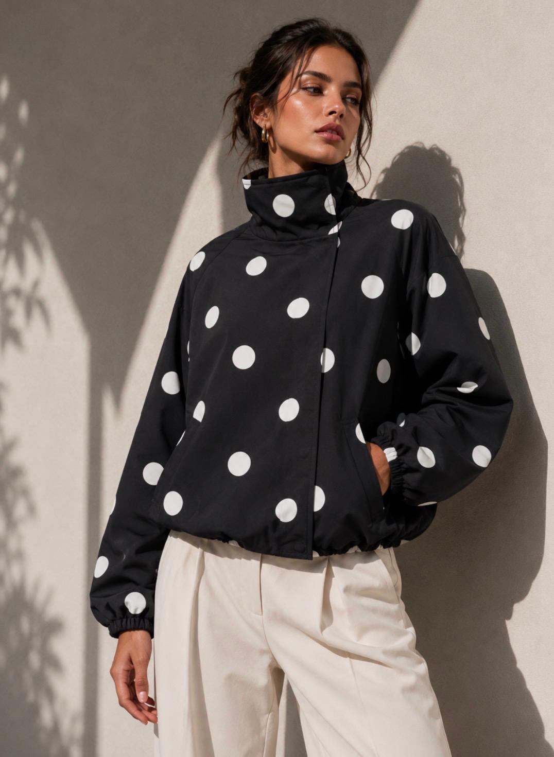 Funnel Press Stud Polka Dot Jacket – Black/White. Sare Store