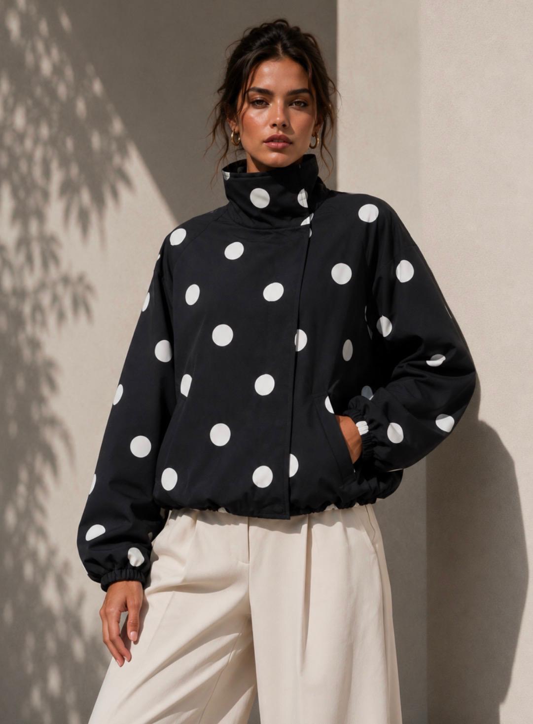 Funnel Press Stud Polka Dot Jacket – Black/White. Sare Store