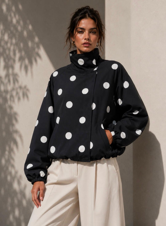 Funnel Press Stud Polka Dot Jacket – Black/White. Sare Store