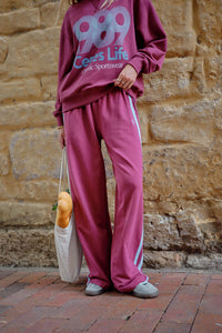 GIGI WIDE LEG - WASHED BURGUNDY SKY BLUE SIDE STRIPE