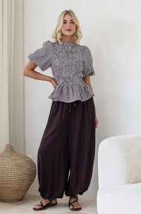 Gingham Balloon Sleeve Top - Black