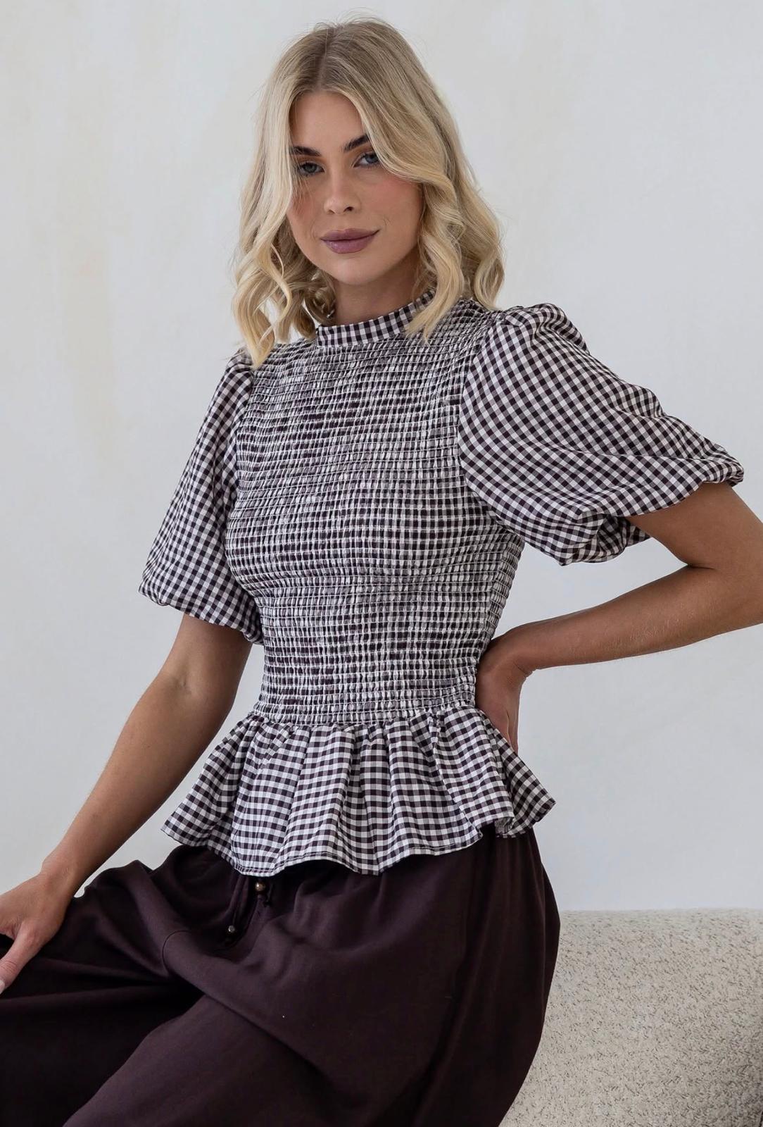 Gingham Balloon Sleeve Top - Black