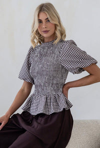 Gingham Balloon Sleeve Top - Black