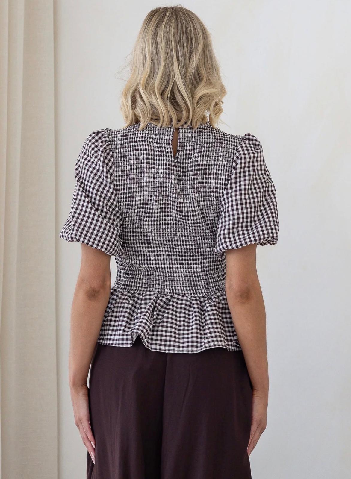 Gingham Balloon Sleeve Top - Black