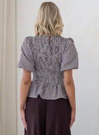 Gingham Balloon Sleeve Top - Black