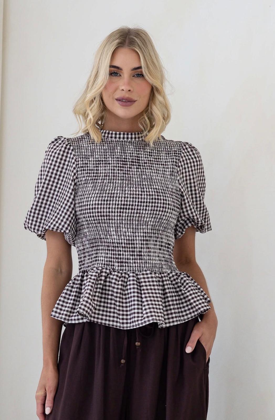 Gingham Balloon Sleeve Top - Black