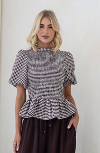 Gingham Balloon Sleeve Top - Black