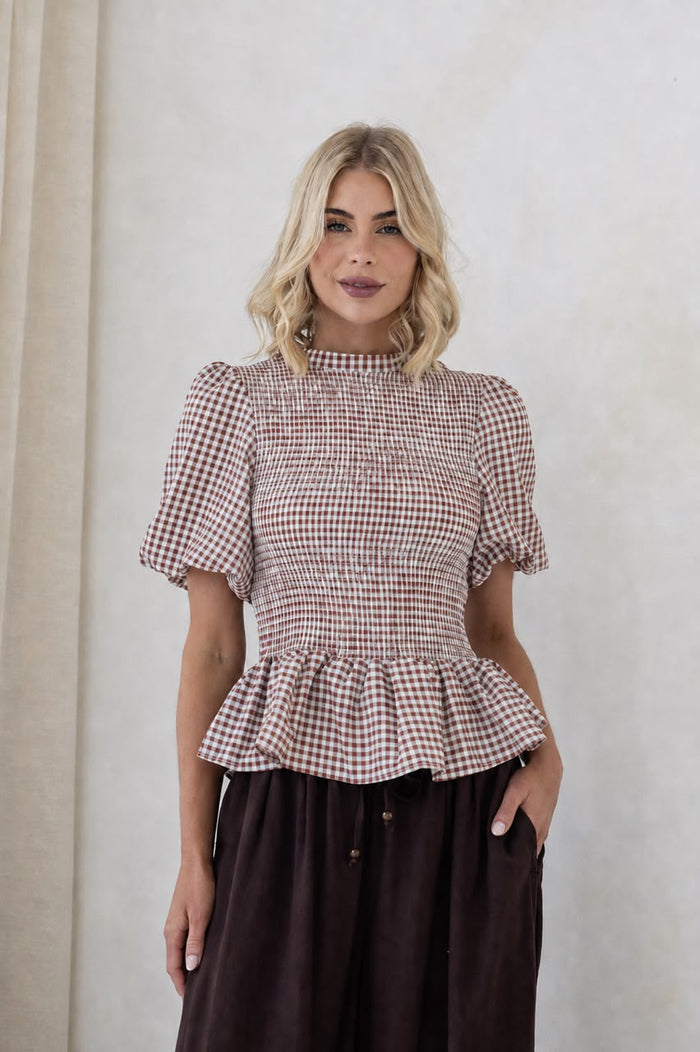 Gingham Balloon Sleeve Top - Soft Tan/White