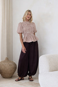 Gingham Balloon Sleeve Top - Soft Tan/White