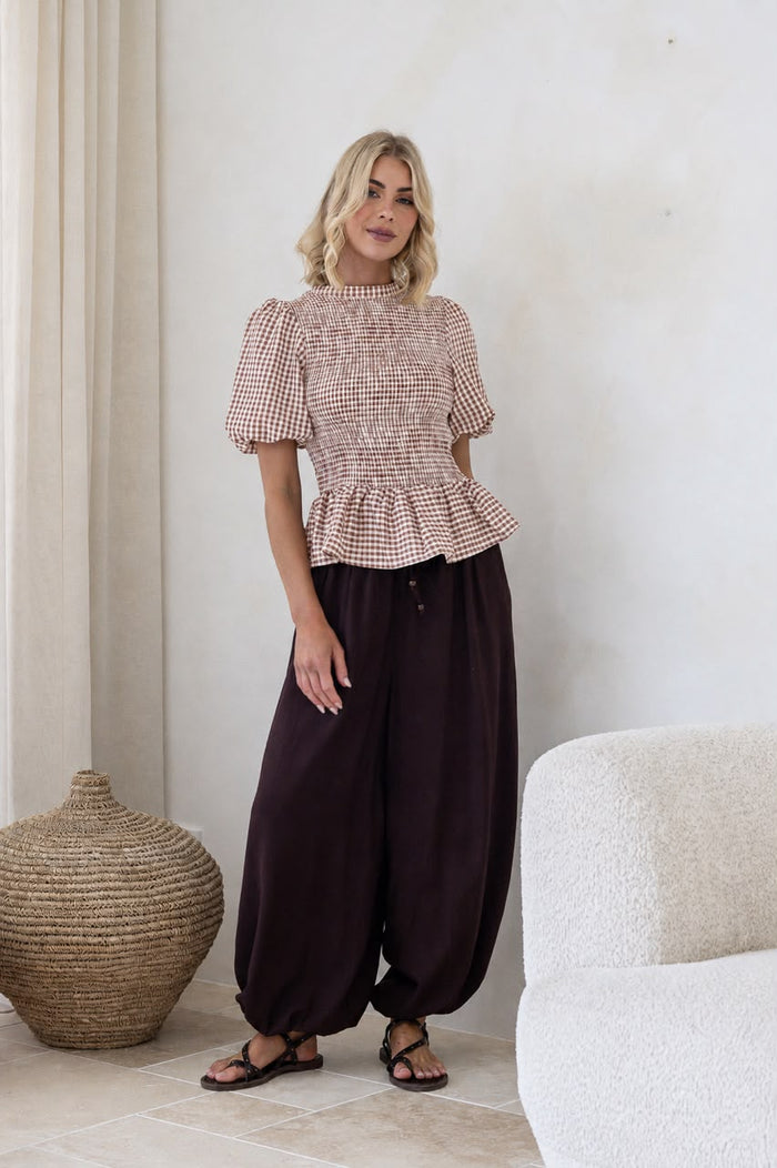 Gingham Balloon Sleeve Top - Soft Tan/White