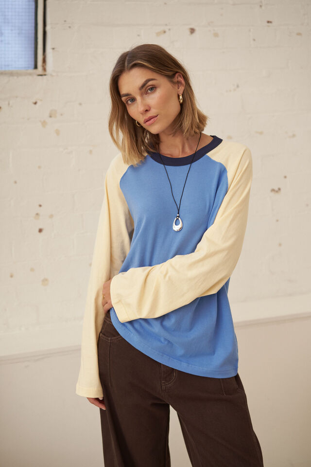 Hadley Long Sleeve Raglan Tee - Surf Blue/Butter. Ceres Life
