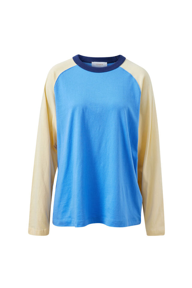 Hadley Long Sleeve Raglan Tee - Surf Blue/Butter. Ceres Life