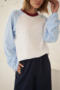 Hadley Long Sleeve Raglan Tee - White/China Blue. Ceres Life