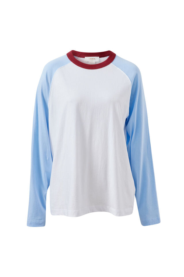 Hadley Long Sleeve Raglan Tee - White/China Blue. Ceres Life