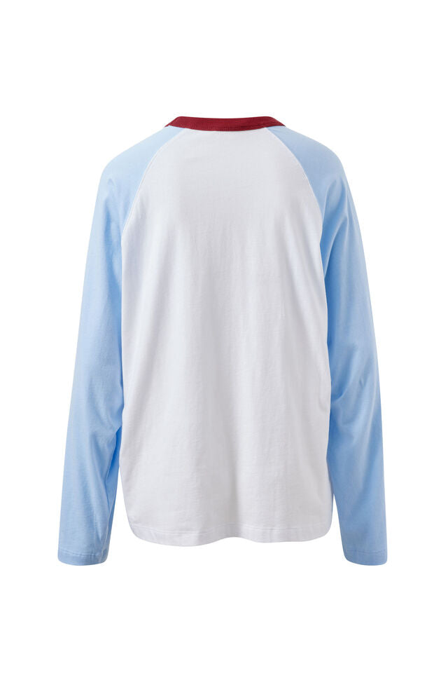Hadley Long Sleeve Raglan Tee - White/China Blue. Ceres Life