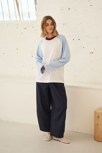 Hadley Long Sleeve Raglan Tee - White/China Blue. Ceres Life