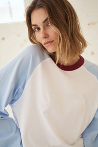 Hadley Long Sleeve Raglan Tee - White/China Blue. Ceres Life