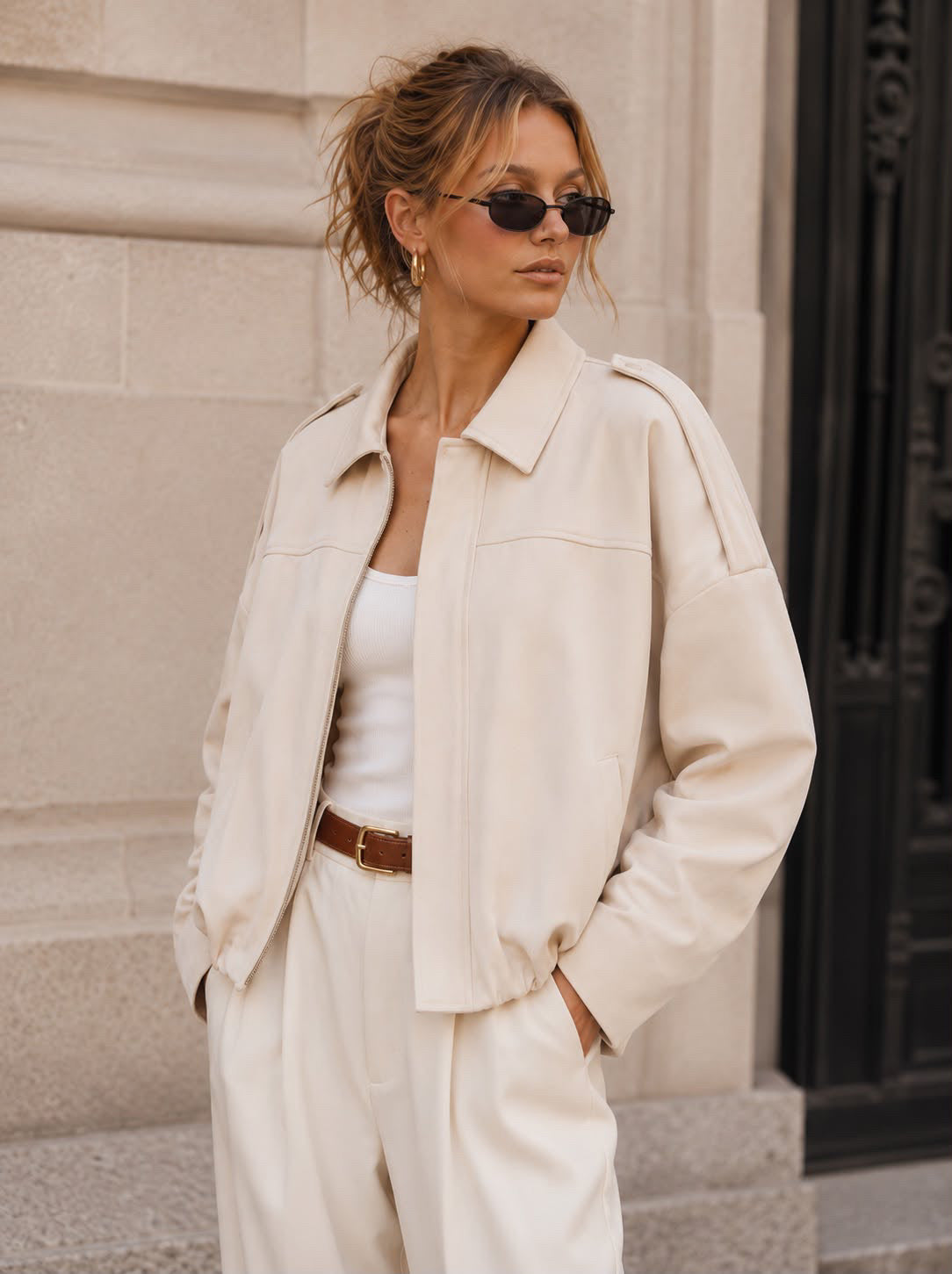 Suede Zip Gather Hem Bomber Jacket - Cream