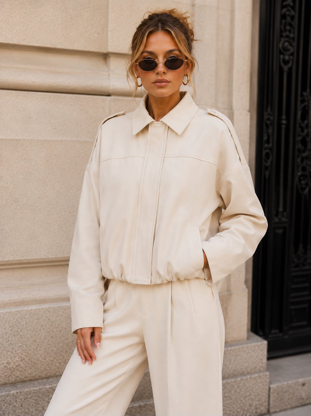 Suede Zip Gather Hem Bomber Jacket - Cream