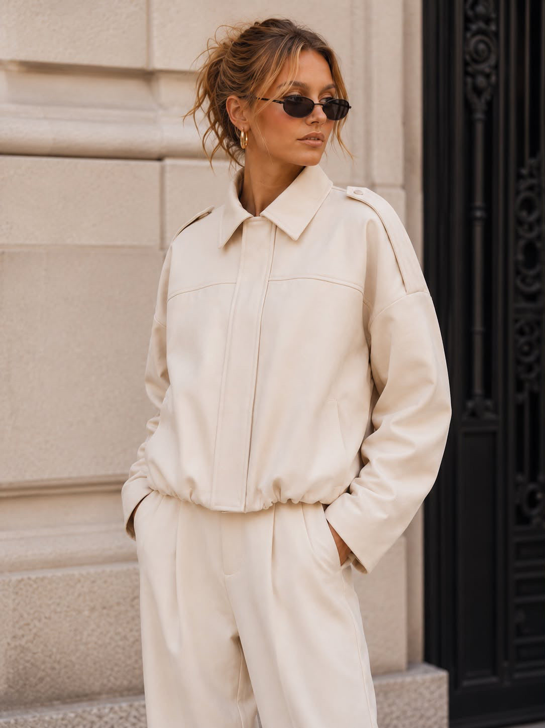 Suede Zip Gather Hem Bomber Jacket - Cream