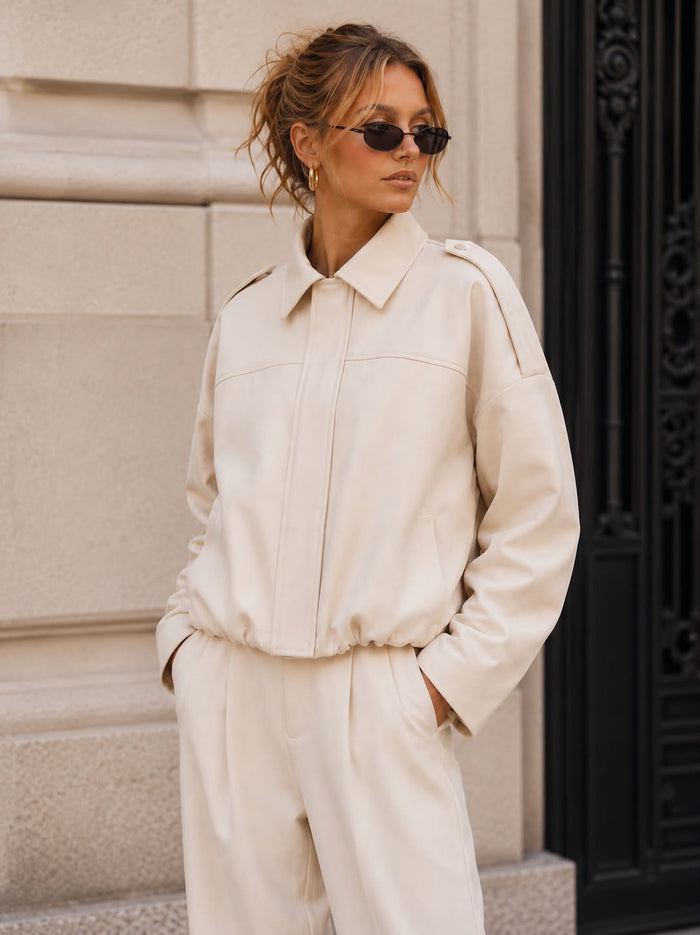 Suede Zip Gather Hem Bomber Jacket - Cream