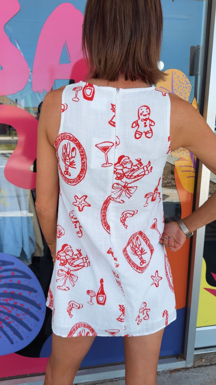 White Santa Print Shift Mini