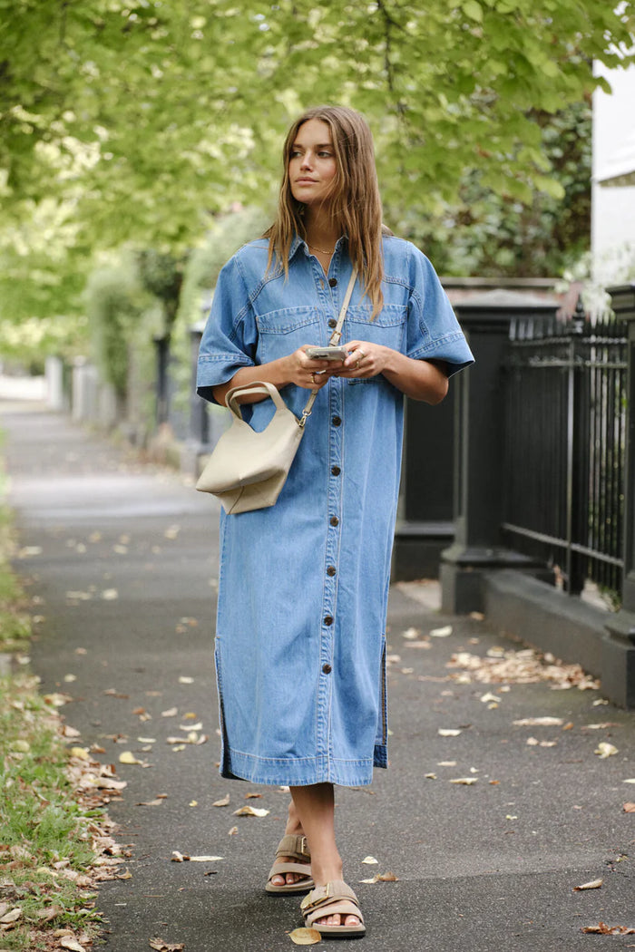 Ava Short Sleeve Midi Dress - Vintage Blue