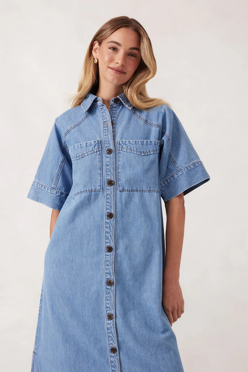 Ava Short Sleeve Midi Dress - Vintage Blue