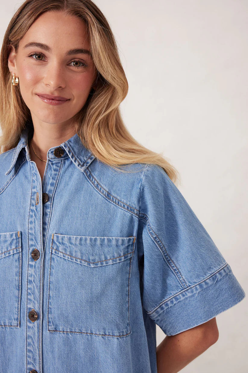 Ava Short Sleeve Midi Dress - Vintage Blue