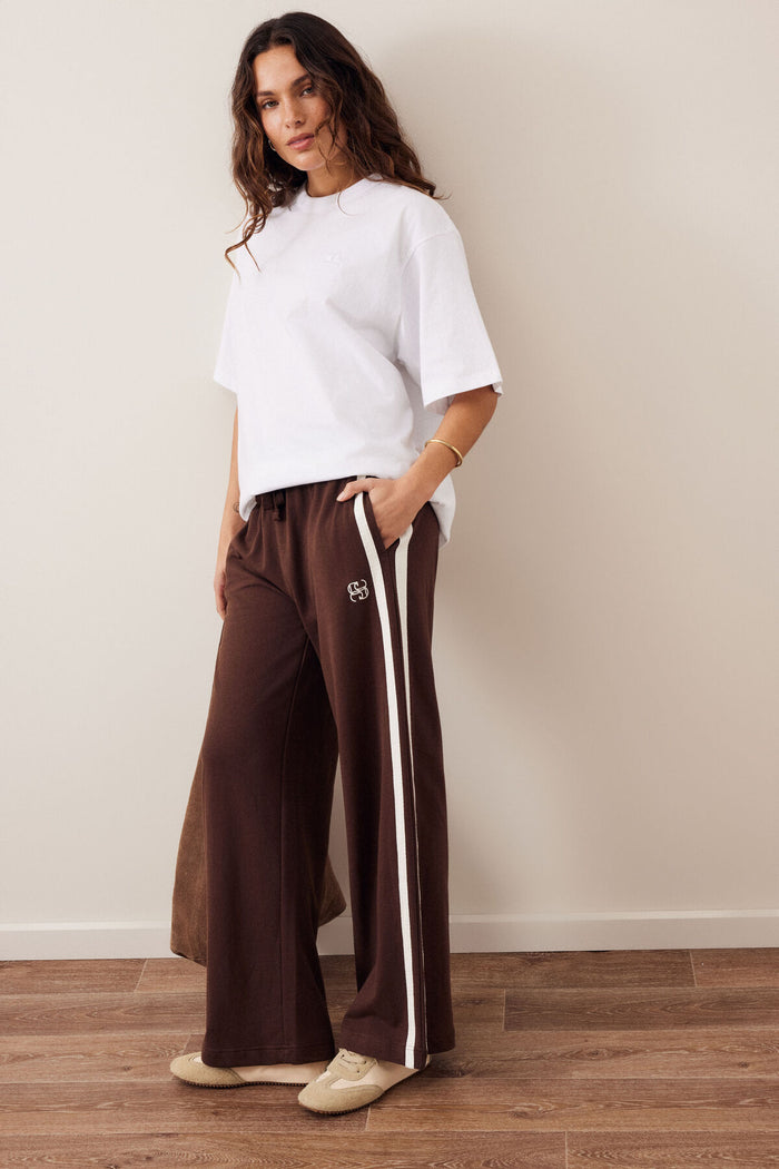 Gigi Wide Leg Terry Trackpant - Chocolate Side Stripe