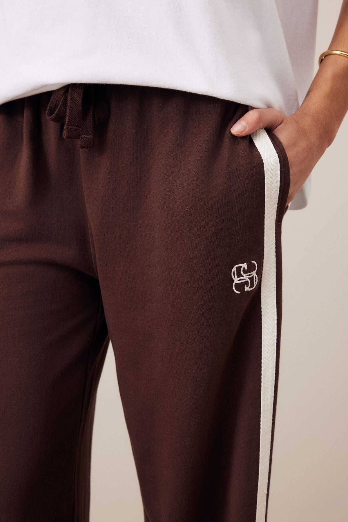 Gigi Wide Leg Terry Trackpant - Chocolate Side Stripe