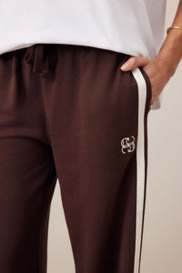 Gigi Wide Leg Terry Trackpant - Chocolate Side Stripe
