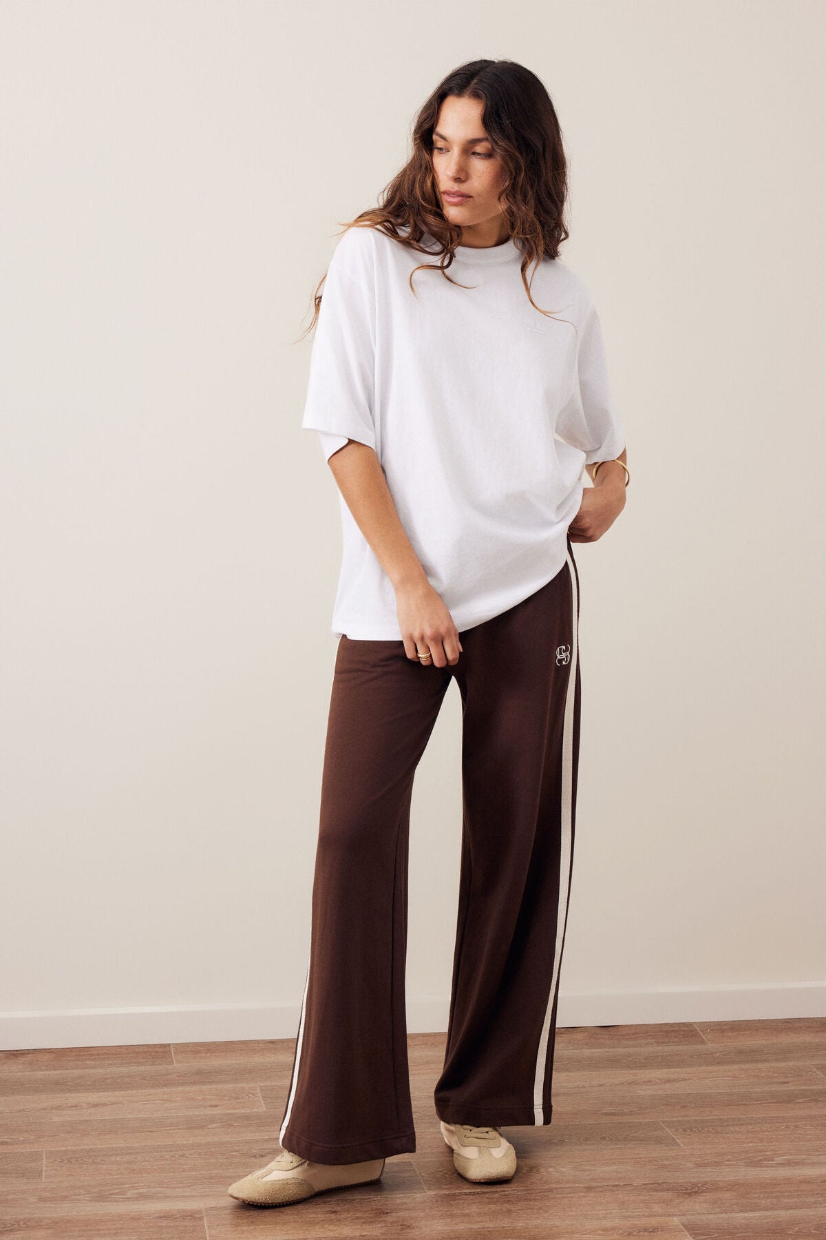 Gigi Wide Leg Terry Trackpant - Chocolate Side Stripe