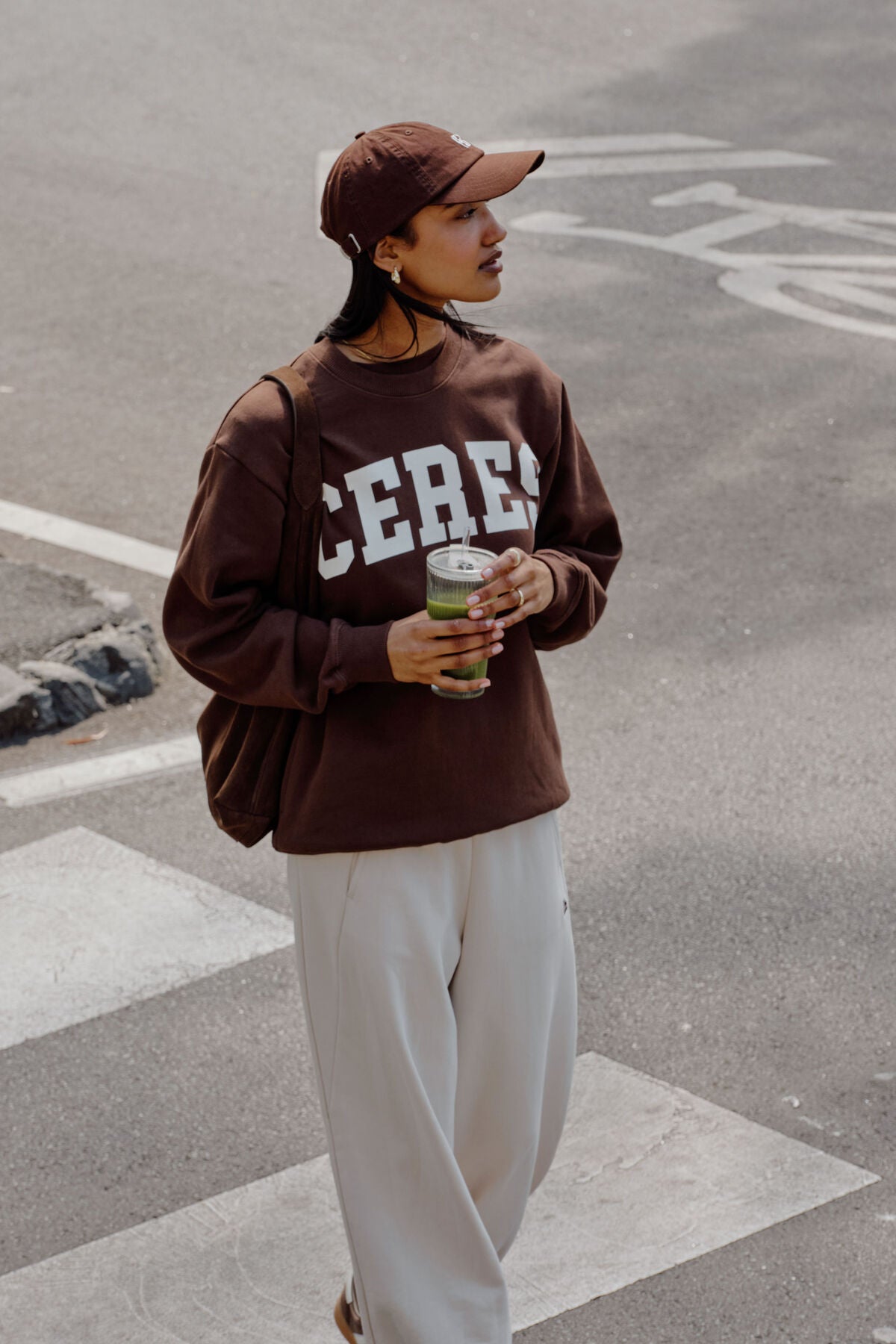 Isla Oversized Slouchy Crew - Chocolate Heritage Logo